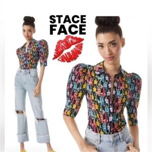 Alice + Olivia Willa Scrunched Puff Sleeve Placket Top Stace Squad size XS